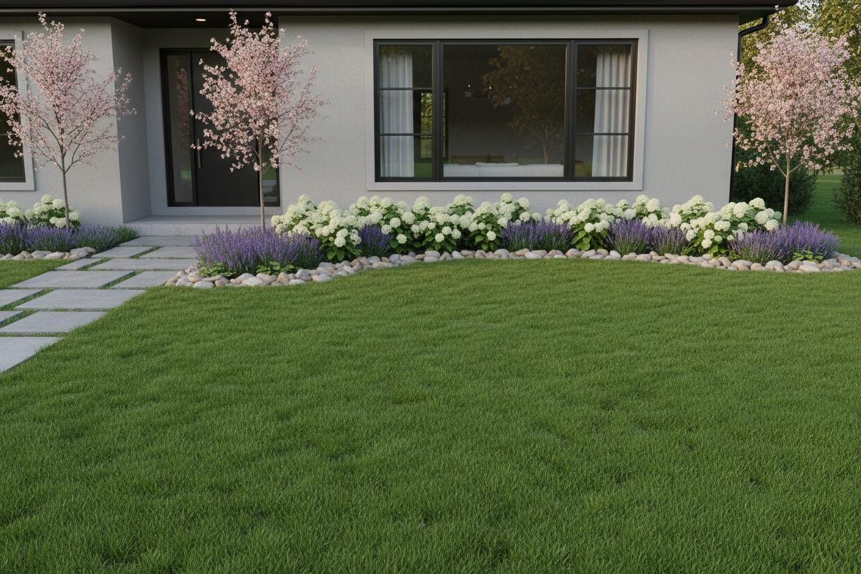 A modern house with a gray exterior features a landscaped front yard with blooming hydrangeas, purple lavender, flowering cherry trees, and a concrete paver walkway leading to the front door.